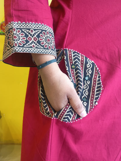 "Hemali" Maroon Plain a line long a line kurti with handwork