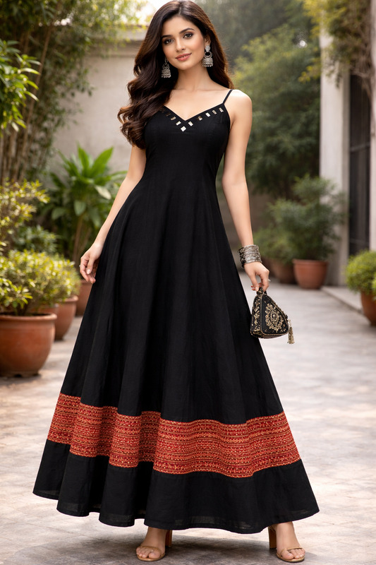 "Jasmin"Black pure cotton long spaghetti one piece