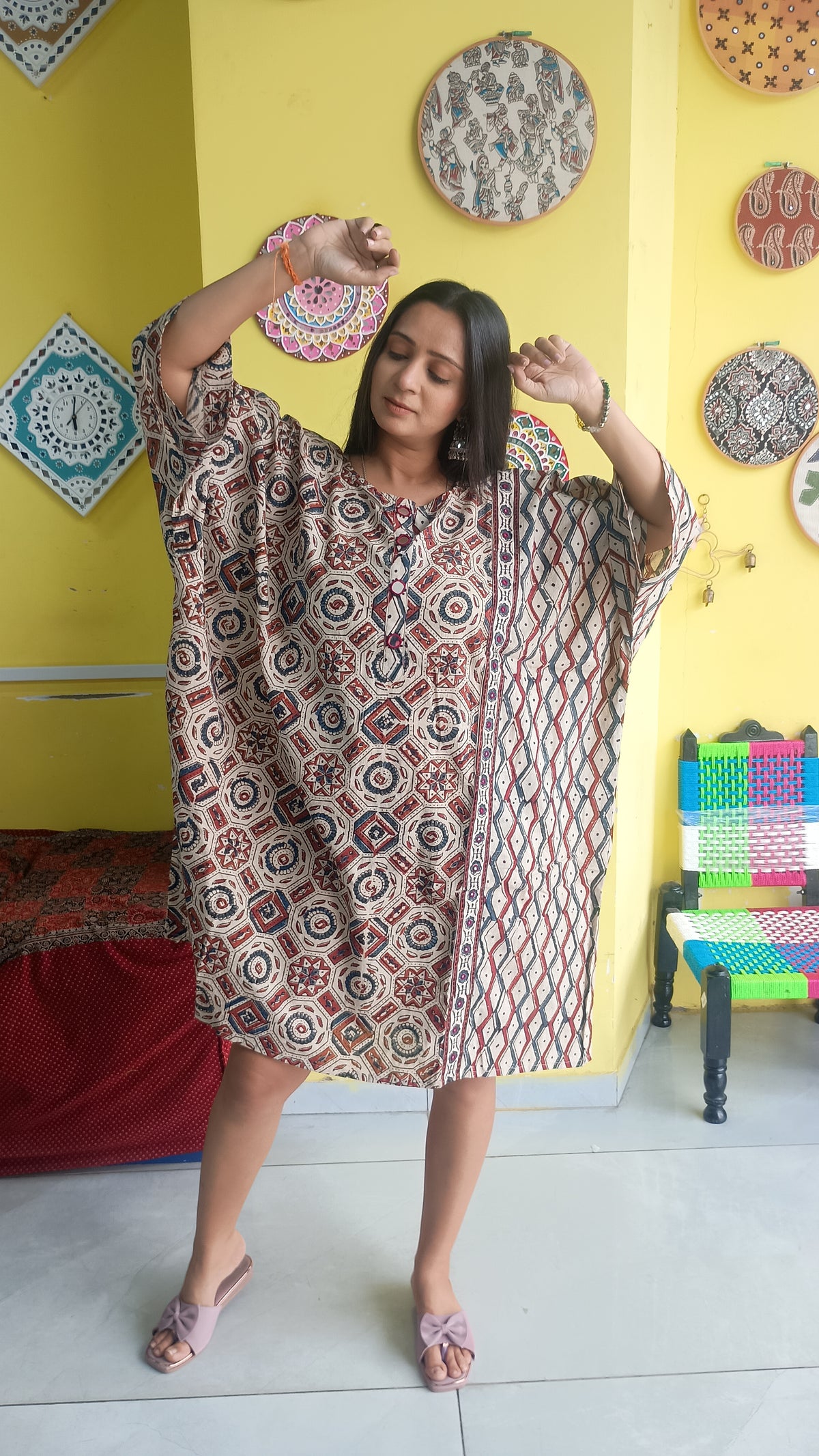 NATURAL HANDBLOCK COTTON KAFTAN STYLE KURTI NEW