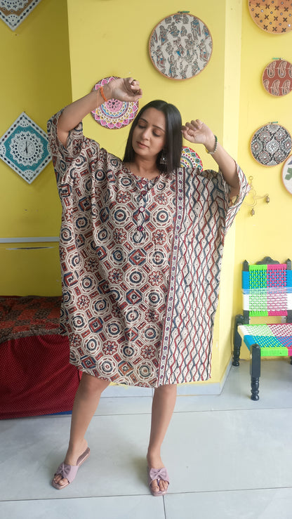 NATURAL HANDBLOCK COTTON KAFTAN STYLE KURTI NEW