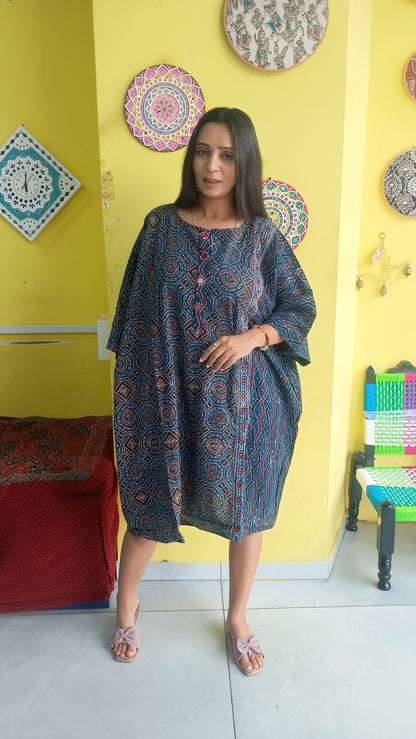 NATURAL HANDBLOCK COTTON KAFTAN STYLE KURTI NEW