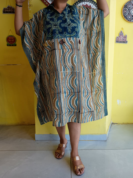 "Somya"Off white Natural handblock cotton free size  long kaftan