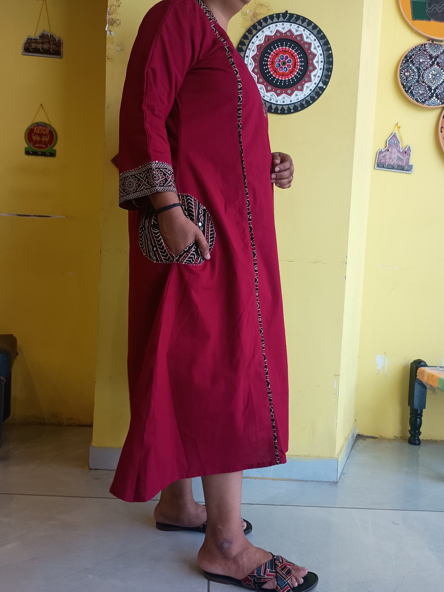 "Hemali" Maroon Plain a line long a line kurti with handwork