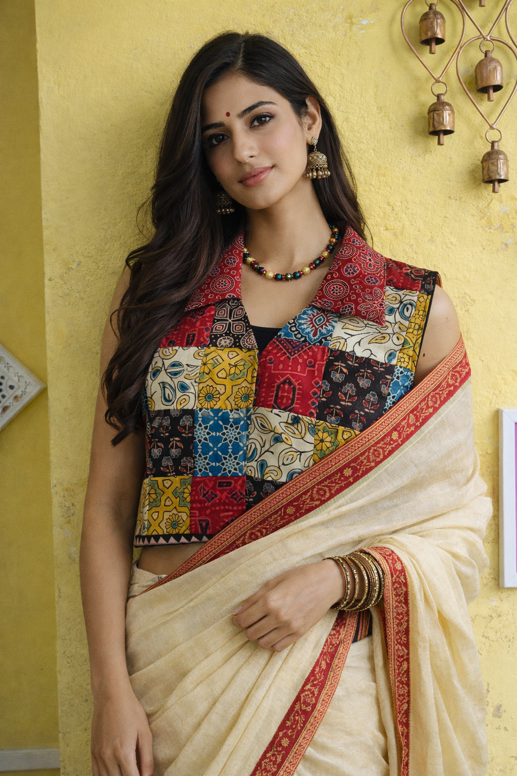 "Shirin* Multi patch work mashroo silk sleeveless jacket style blouse