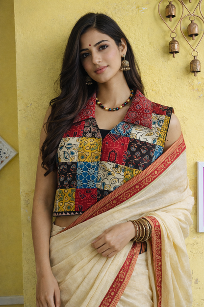 "Shirin* Multi patch work mashroo silk sleeveless jacket style blouse