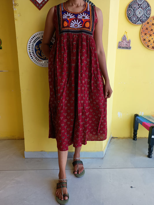 ) *Arushi* natural handblock cotton frock style kurti with hand work patch