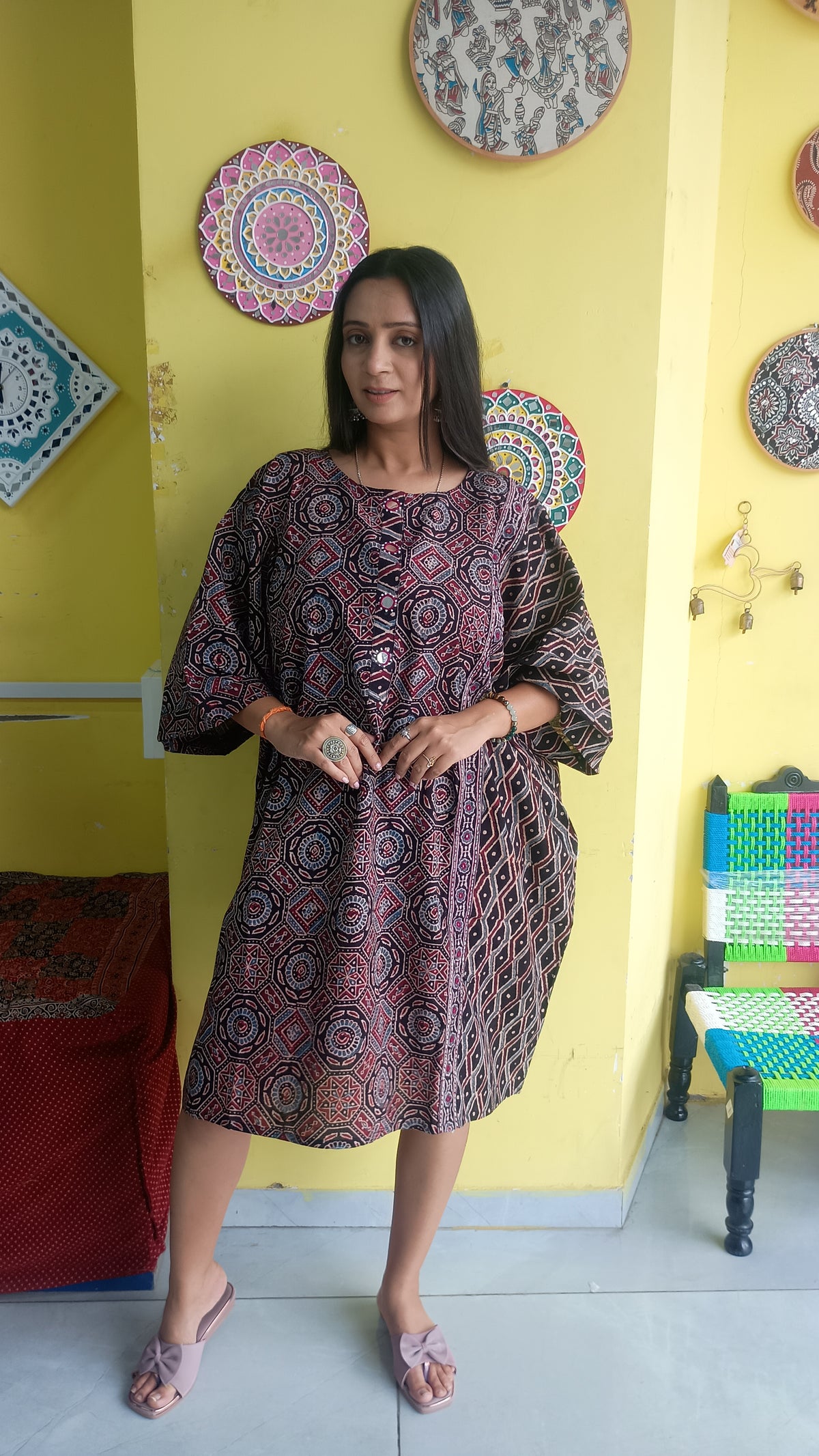 NATURAL HANDBLOCK COTTON KAFTAN STYLE KURTI NEW