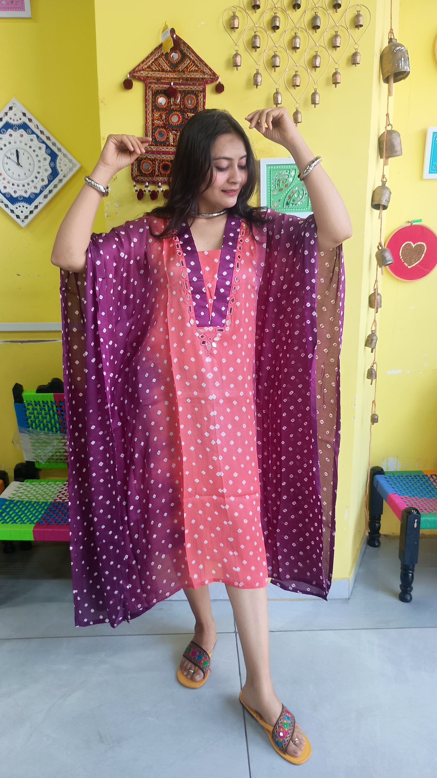 "Noor"New Modal Bandhani Double colour kaftan