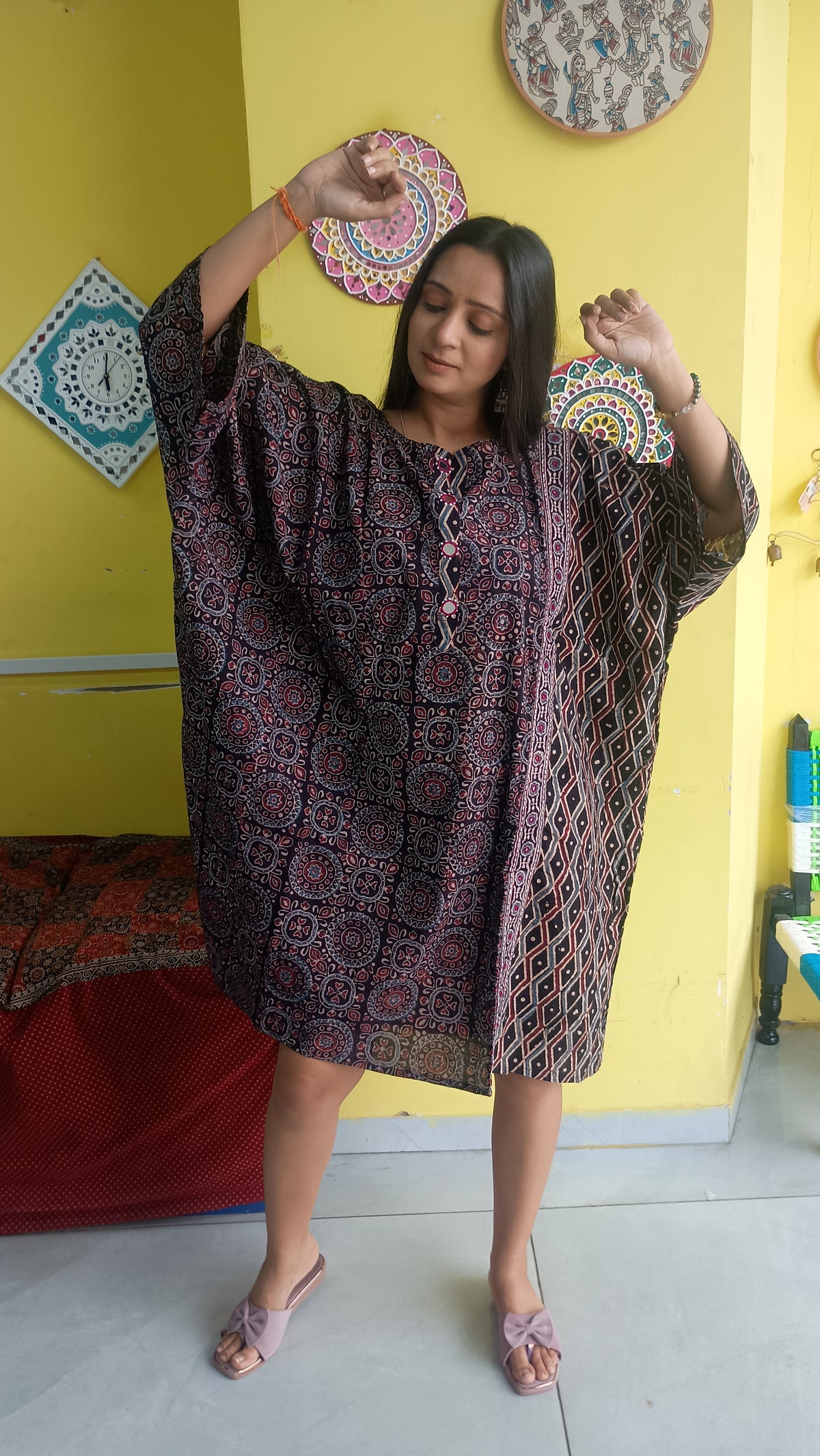 NATURAL HANDBLOCK COTTON KAFTAN STYLE KURTI NEW