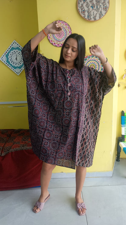 NATURAL HANDBLOCK COTTON KAFTAN STYLE KURTI NEW