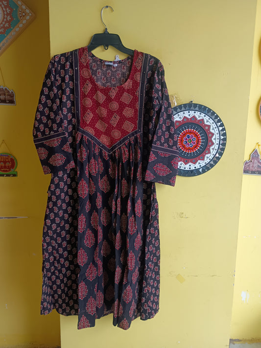 "Veena" Ajrakh handblock cotton long frock style kurti