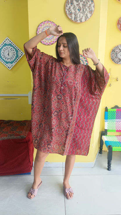 NATURAL HANDBLOCK COTTON KAFTAN STYLE KURTI NEW