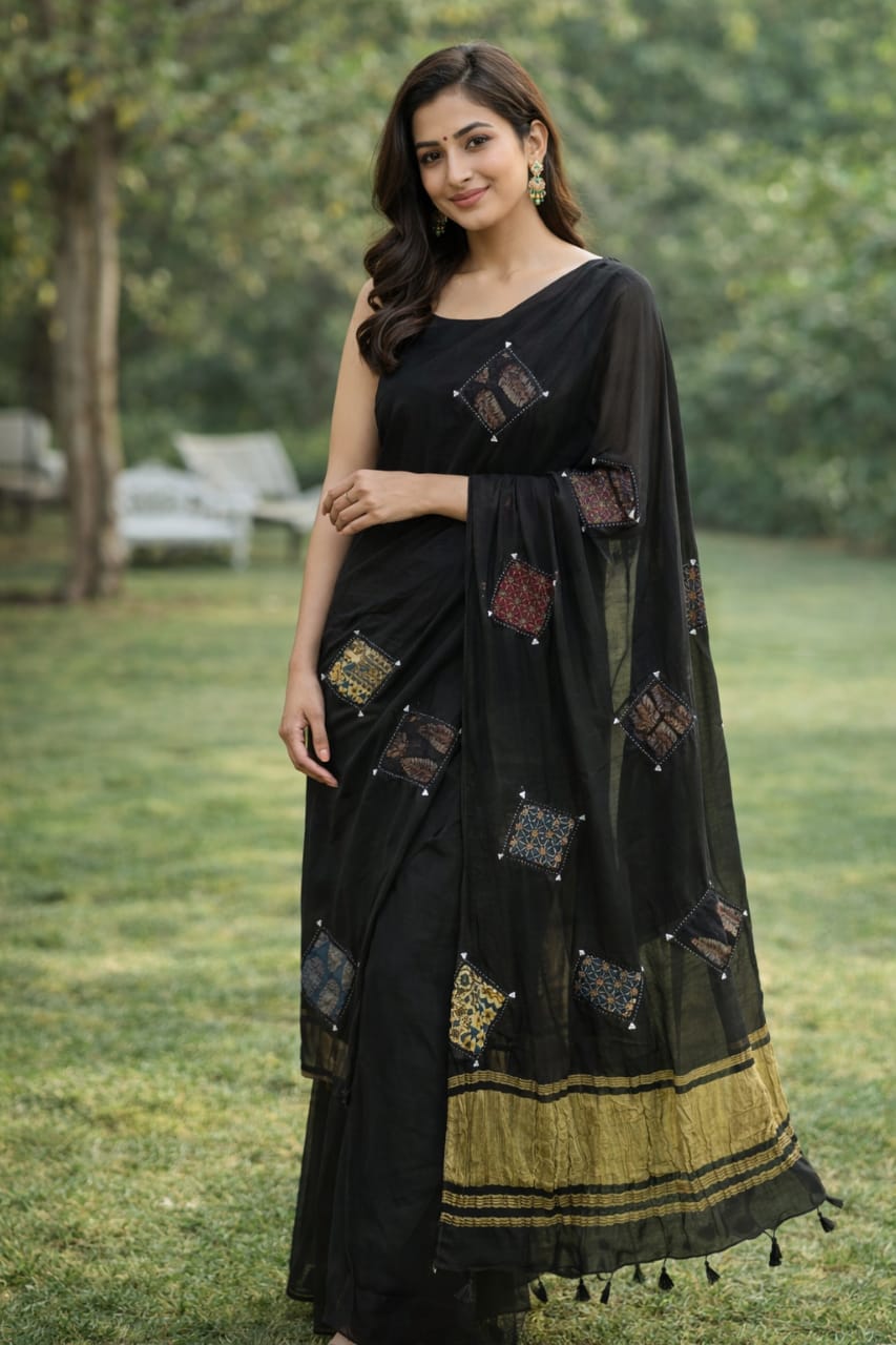 *Reya*Black Plain modal patch work tc pallu saree