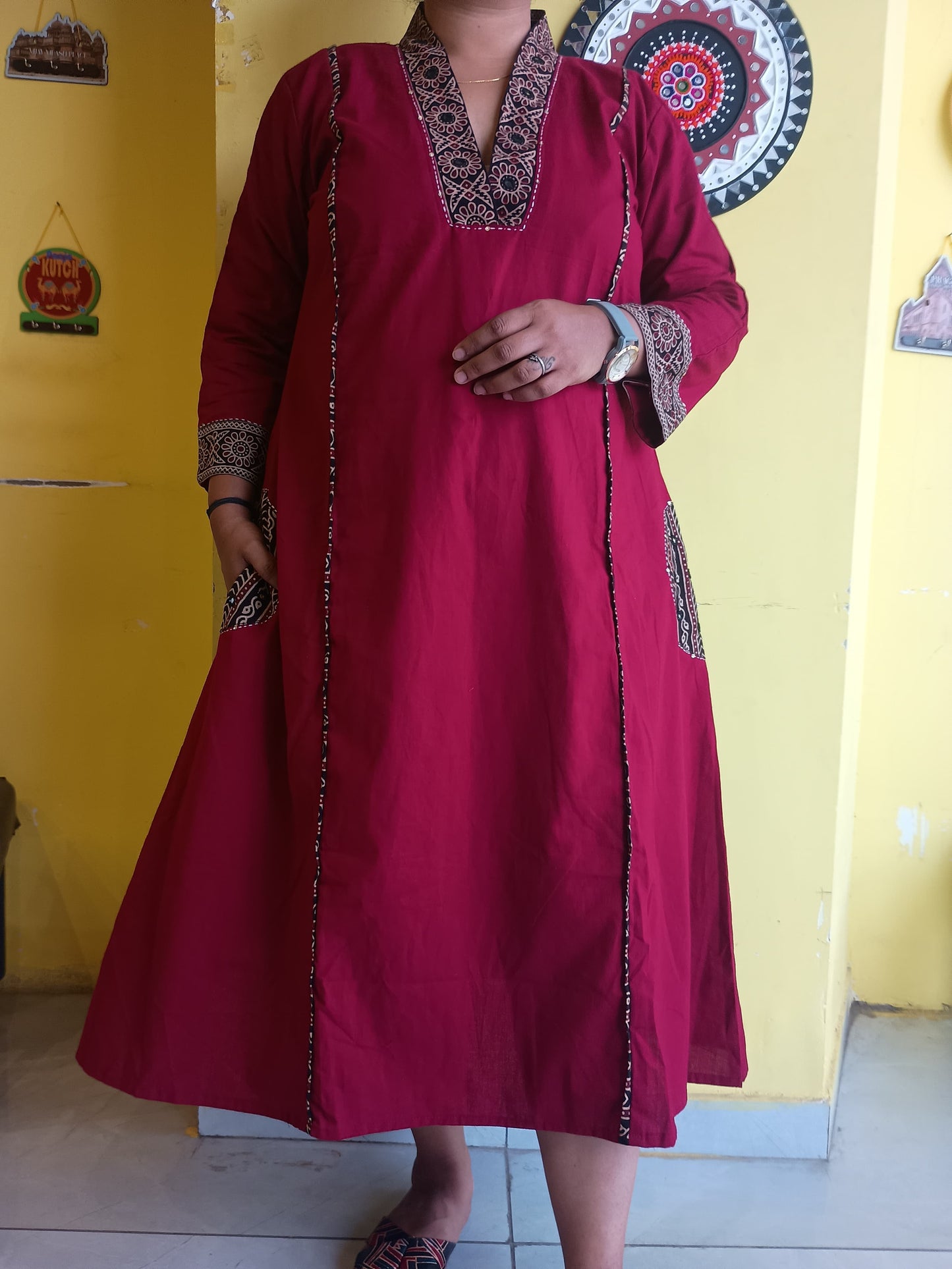 "Hemali" Maroon Plain a line long a line kurti with handwork