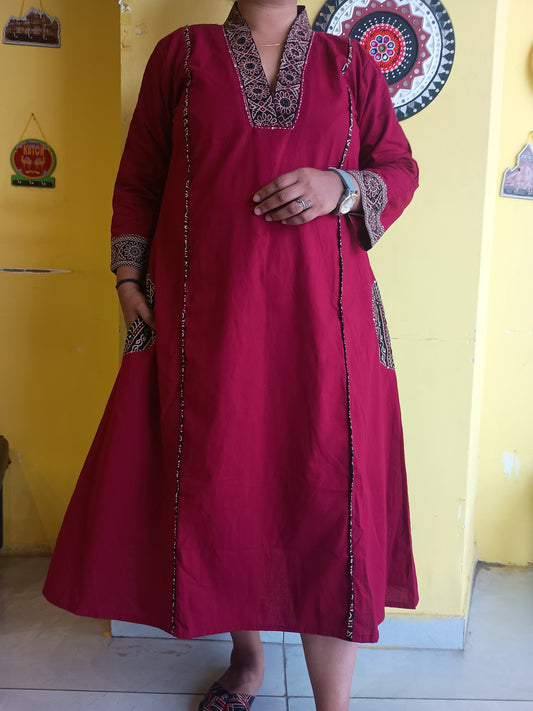 "Hemali" Maroon Plain a line long a line kurti with handwork
