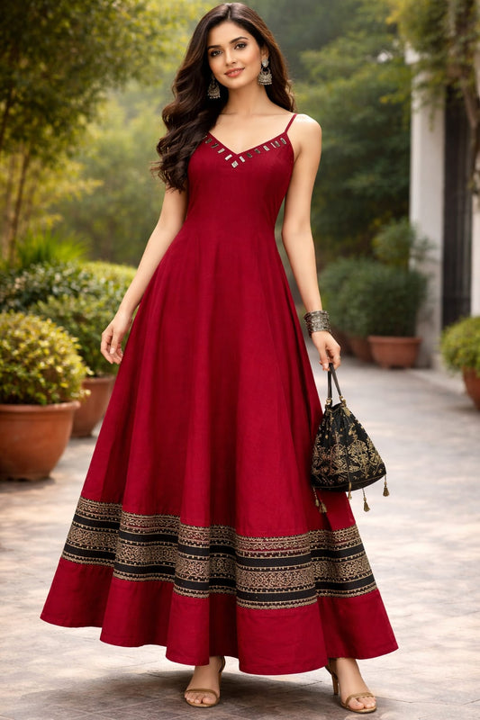 "Jasmin" Maroon plain cotton long frock style spaghetti one