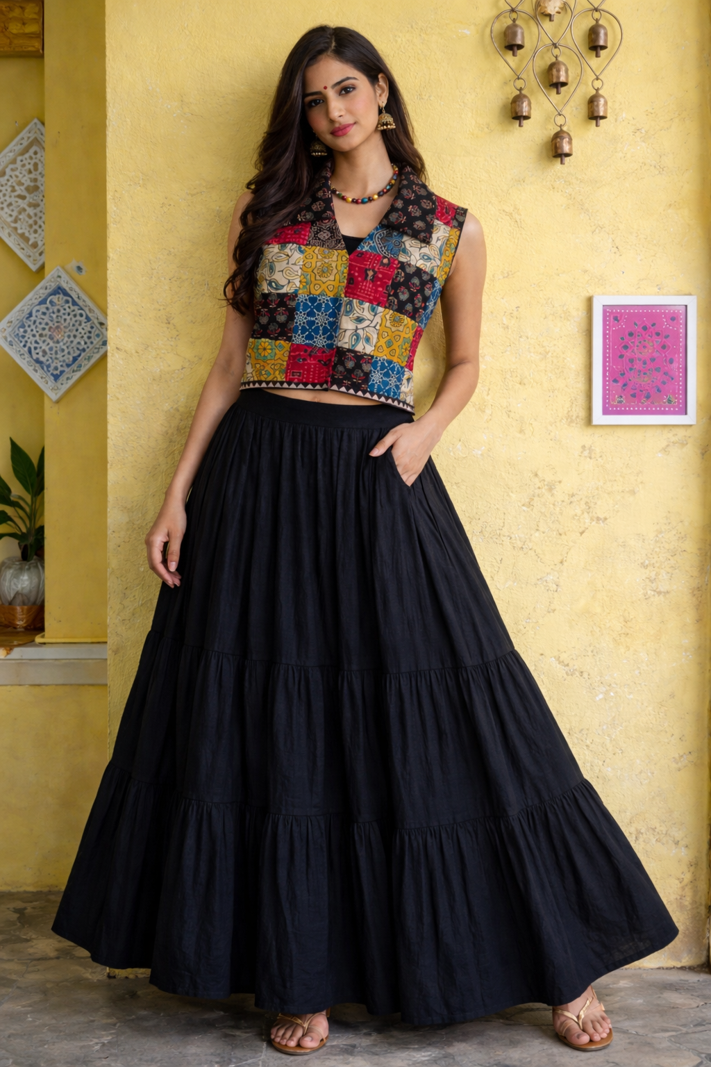 "Shirin* Multi patch work mashroo silk sleeveless jacket style blouse