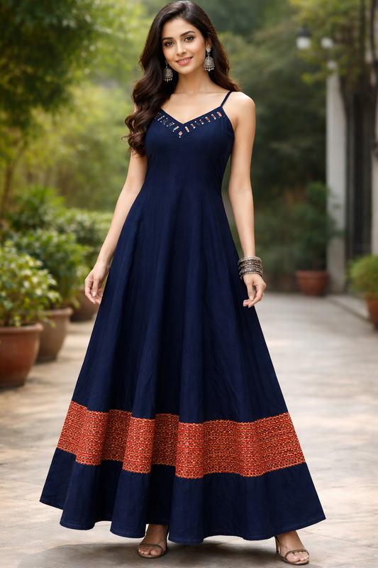 "Jasmin" Blue plain cotton long frock style spaghetti one