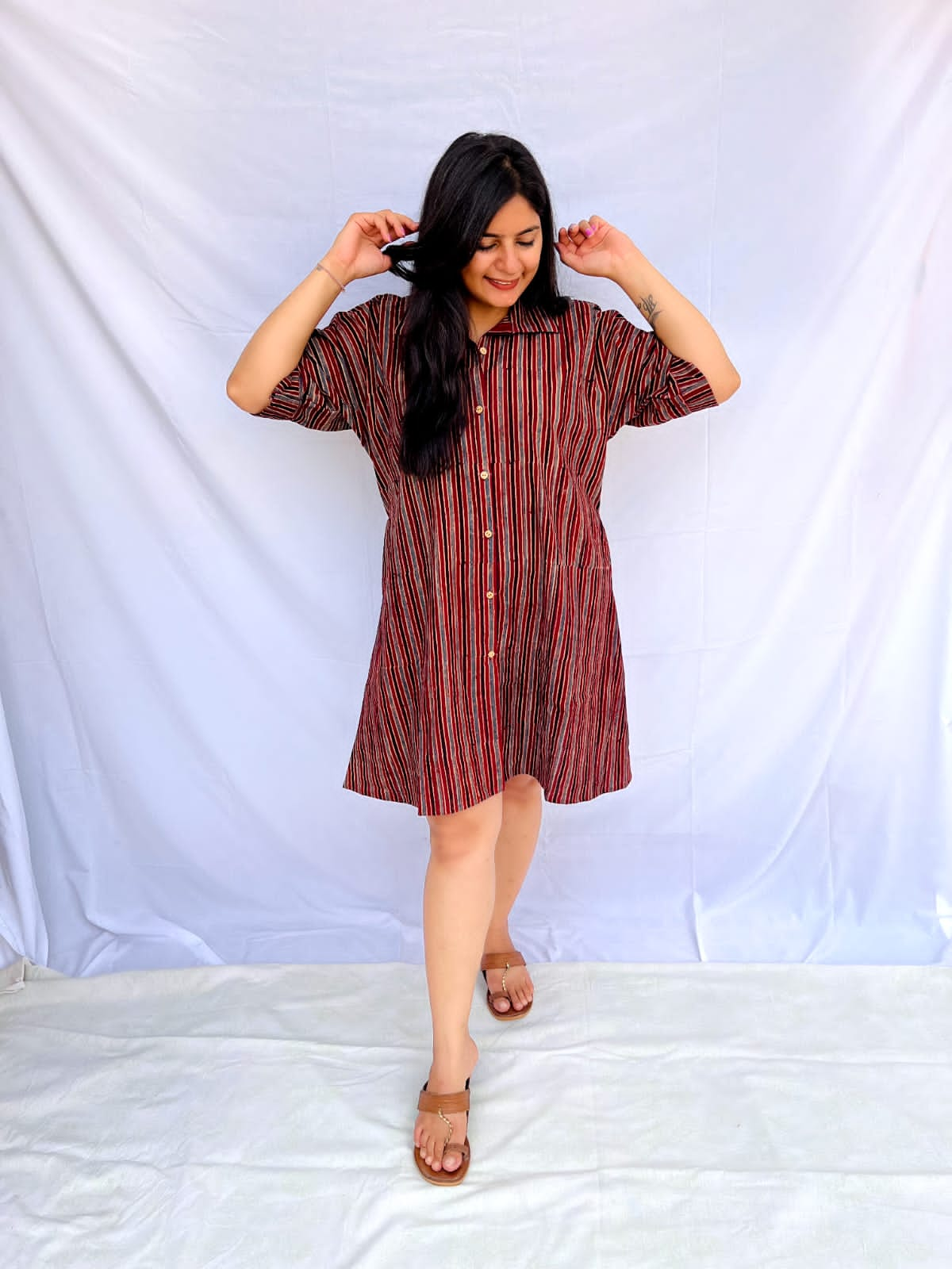 "Misha"Maroon  Natural handblock cotton womens shirt