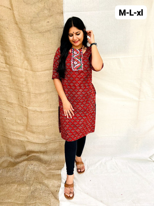 "VEERA" NATURAL COTTON MAROON KUTCHI PATCH WORK KURTI