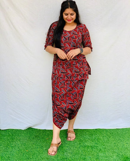 'Mayra' Maroon handblock cotton dhoti co-ord set