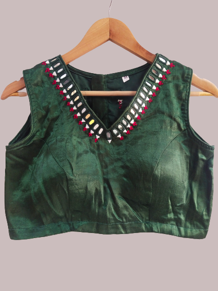"Bansi" Bottle green mashroo mirror work blouse