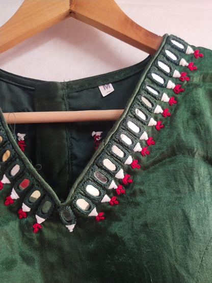 "Bansi" Bottle green mashroo mirror work blouse