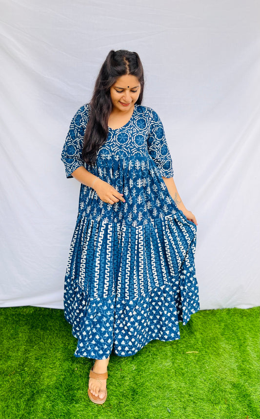 "Keshavi" indigo cotton frill gown