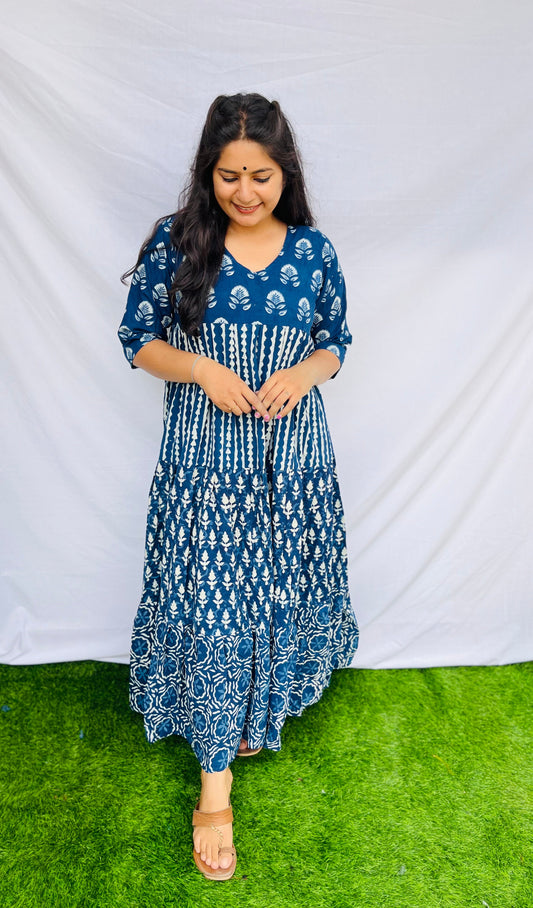 "Keshavi" indigo handblock cotton gown