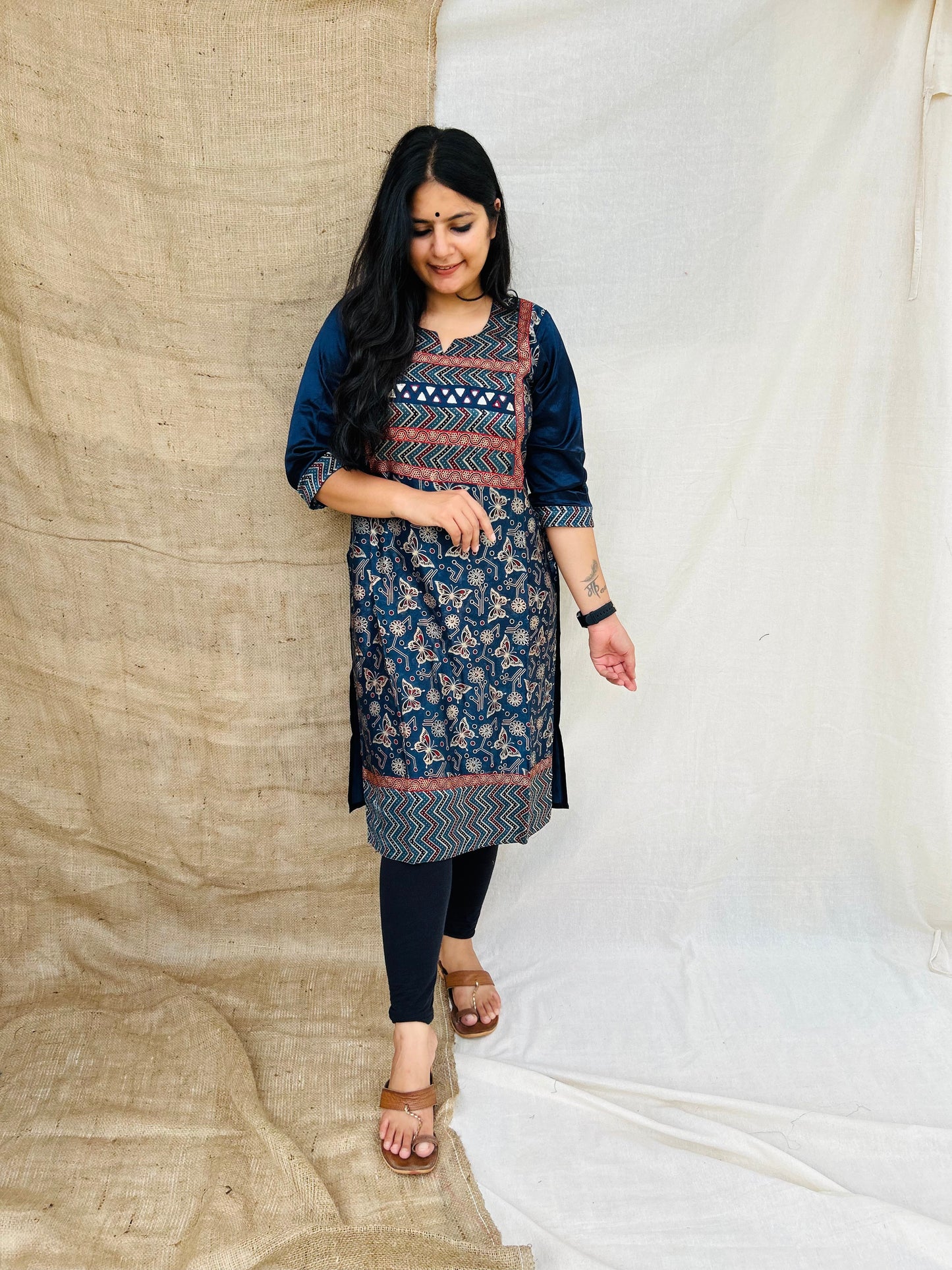 "naity" blue printed mashroo mirror work kurti