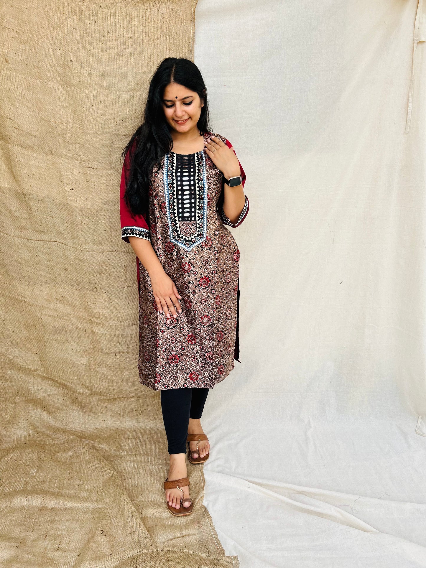 "naity" ajrakh print mashroo mirror work kurti