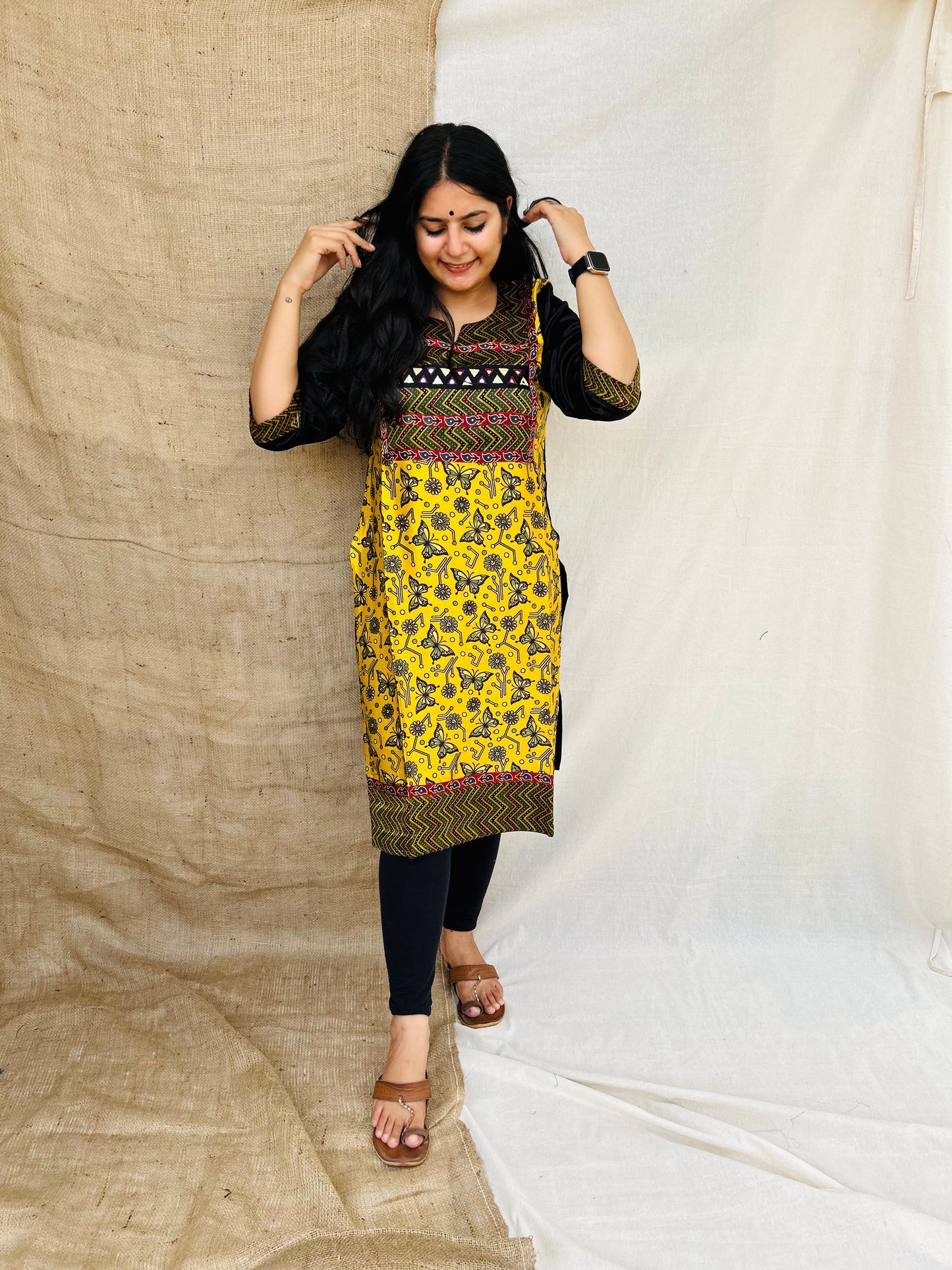 "Naity" mustard yellow mirror work kurti