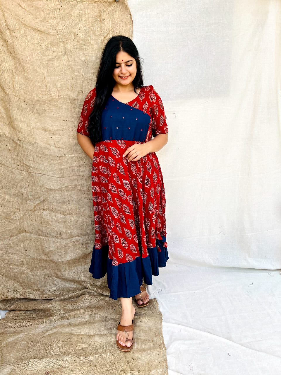 RAYON BLUE & RED PRINTED KURTI