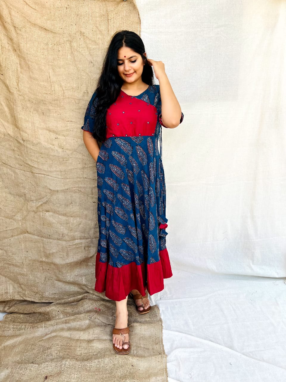 RAYON RED & BLUE MIRROR WORK KURTI