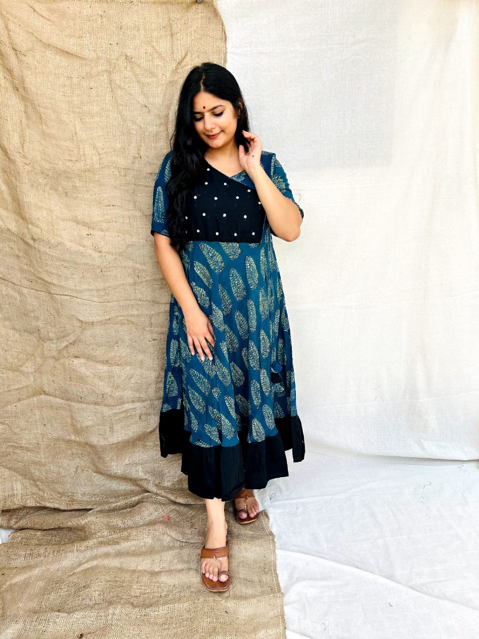 RAYON BLACK & BLUE MIRROR WORK KURTI