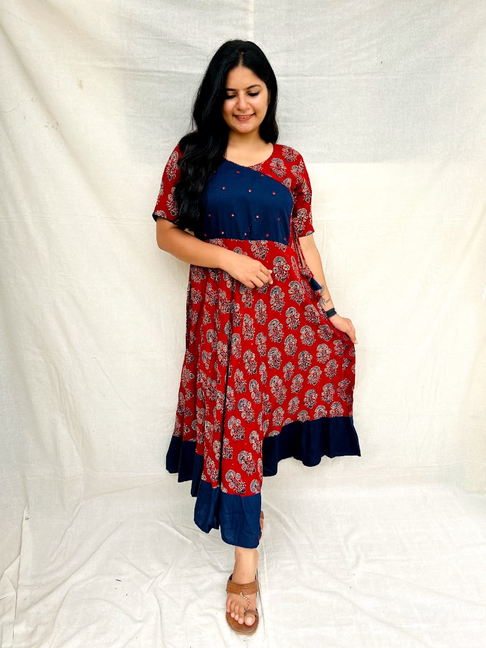 RAYON RED & BLUE MIRROR WORK KURTI