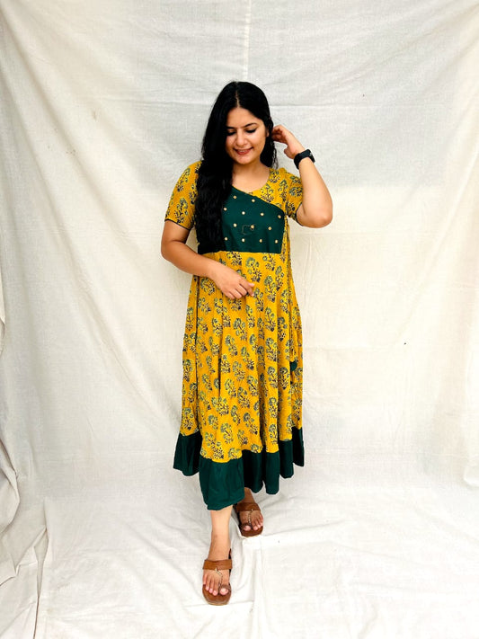 RAYON GREEN & YELLOW PRINTED KURTI
