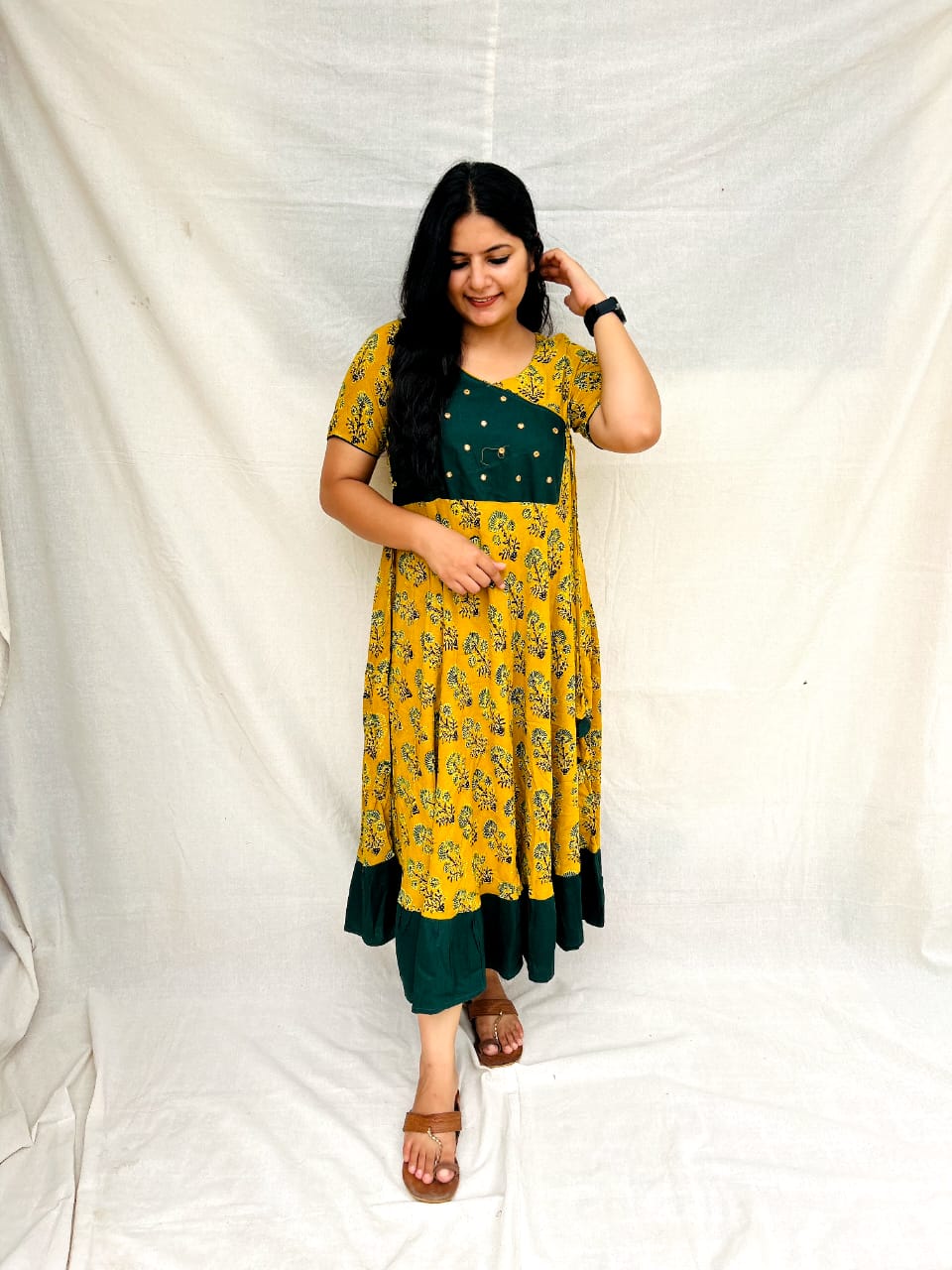 RAYON GREEN & YELLOW PRINTED KURTI