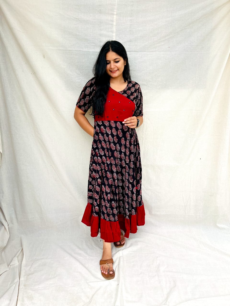 RAYON RED & BLACK PRINTED KURTI