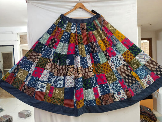 "aarya" patch work multicolor blue border skirt