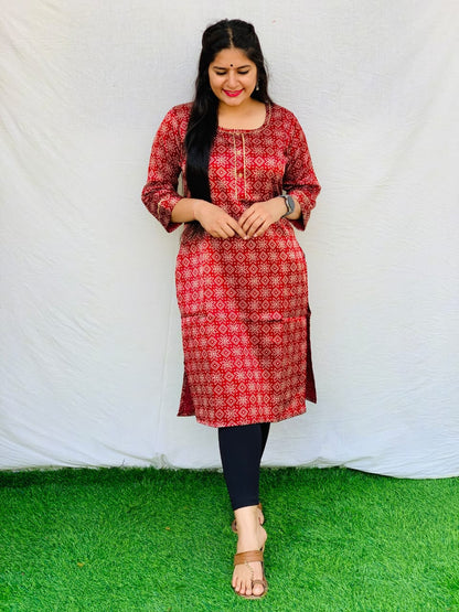 'Kavya' Maroon Printed Mashroo Long straight kurti