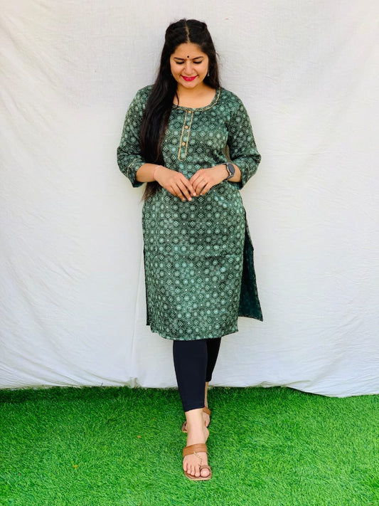 'Kavya' Green Colour Mashroo Long straight kurti