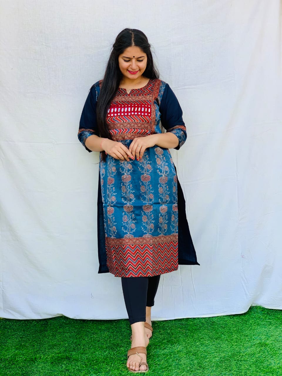 "Naity"Blue Mashroo mirror work kurti