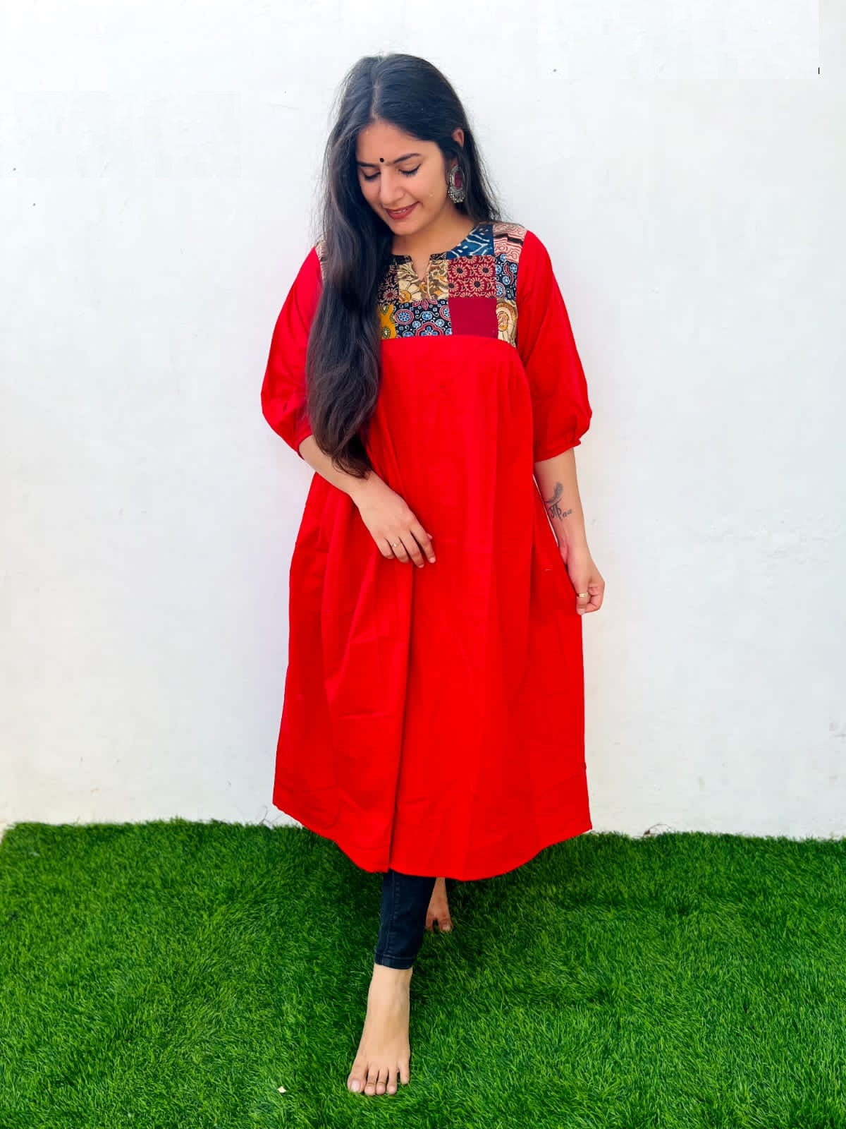 'Kiara' Red Plain Patch work frock style kurti