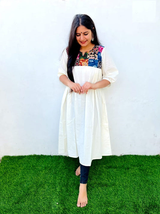 'Kiara' Off White Plain Cotton Frock Style kurti