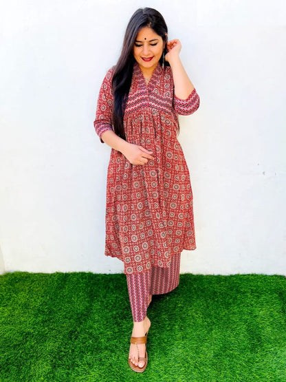 'Maisha' Maroon Natural Cotton Kurti plazzo set