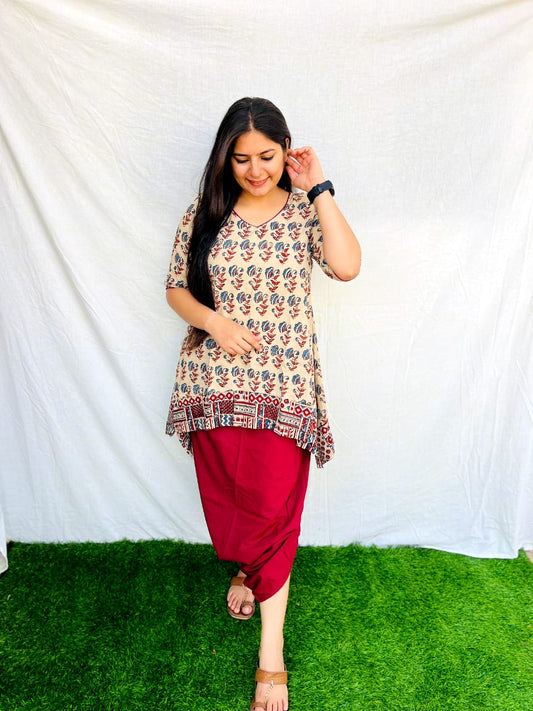 'Mayra' Off White & Maroon Natural Dhoti Co-ord set