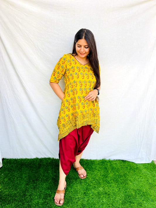 'Mayra' Yellow & Maroon Natural cotton dhoti co-ord set