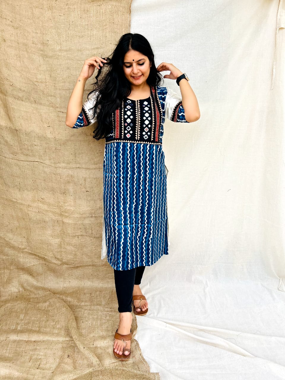 "Naity " indigo mashroo mirror work kurti